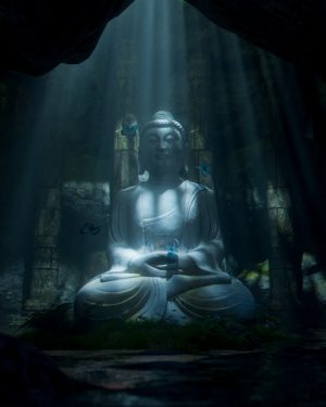 A serene buddha statue bathed in mystical light.